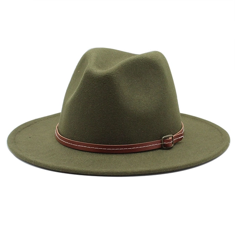 Cappello Fedora Classico In Feltro Di Lana A Tesa Larga Piatta Stile Jazz Vintage Con Decorazione Fibbia In Ecopelle