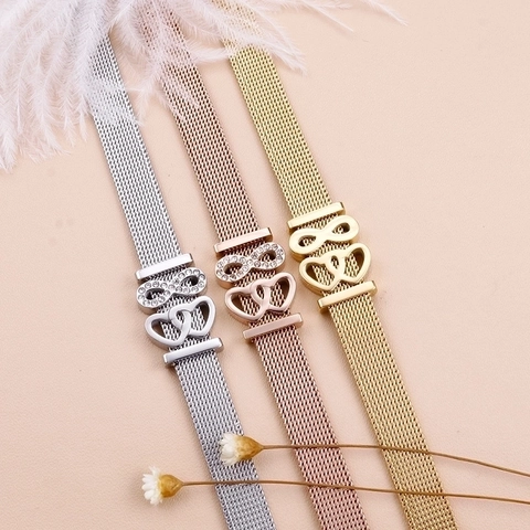 Pulsera De Malla De Acero Inoxidable Con Dijes De Corazón E Infinito Diamantes De Imitación Joyería Ajustable Para Mujer