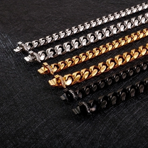 Pulsera De Cadena Cubana Para Hombre Acero Inoxidable Pulido Estilo Hip Hop Punk Con Cierre De Diamantes De Imitación Joyería