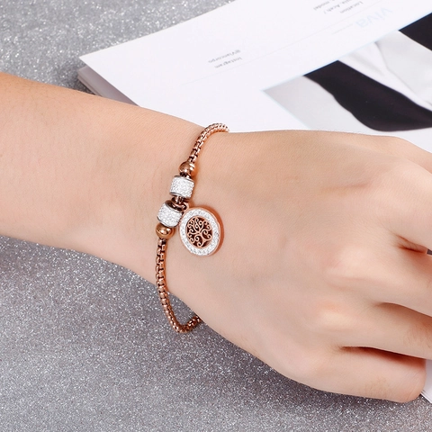 Bracciale Albero Della Vita Per Donna Acciaio Inossidabile Strass Ciondolo Tondo Cavo Chiusura Magnetica Gioielli Eleganti