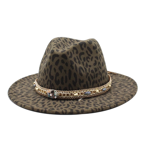 Leopard Print Fedora Hat Wool Felt Wide Flat Brim Ethnic Band Metal Chain Wood Bead Decor Unisex Retro Jazz Hat