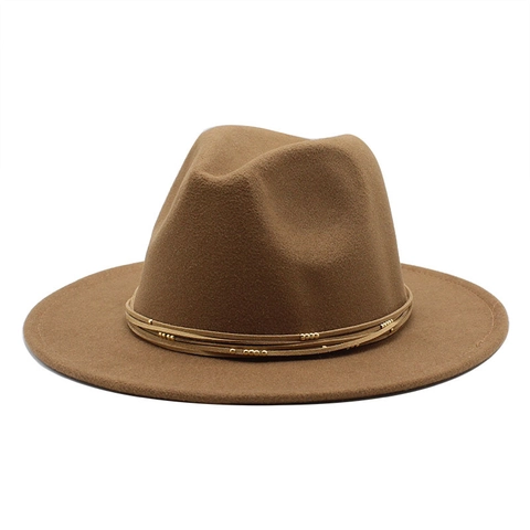 Wide Brim Fedora Hat Wool Felt Vintage Jazz Cap With Braided Rope Gold Beads Decoration For Women Men