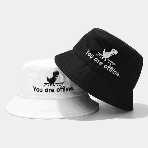 Cotton Canvas Fischerhut Bestickt Pixel Dinosaurier Offline Text Sonnenschutz Sommer Lässig Streetwear Neuheit