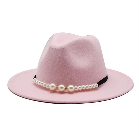 Elegant Fedora Hat For Women Wool Felt Wide Brim Jazz Cap With Artificial Pearl Ribbon Decor Vintage British Style