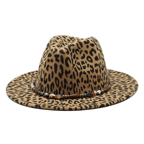 Leopard Print Fedora Hat Woolen Felt Wide Brim With Retro Beaded Band Western Jazz Style For Men And Women Outdoor