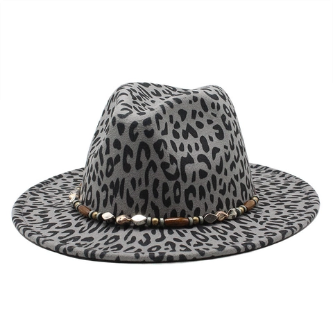 Leopard Print Fedora Hat Woolen Felt Wide Brim With Retro Beaded Band Western Jazz Style For Men And Women Outdoor