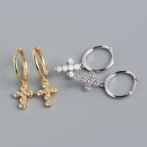 Pendientes De Colgante Cruz 925 Plata Esterlina Circón Mini Aros Estilo Punk Moderno Para Mujeres