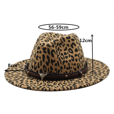 Cappello Fedora Leopardato Stile Western Tesa Larga Feltro Di Lana Berretto Jazz Con Teschio Di Toro Cinturino In Pelle