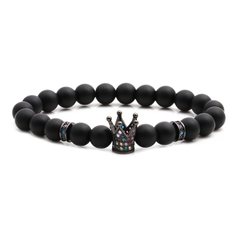 Beaded Bracelet Frosted Stone Beads Micro Pave Zirconia Crown Charm Elastic Hip Hop Fashion Jewelry For Unisex