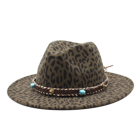 Leopard Print Fedora Hat Wide Brim Felt Cotton Polyester Jazz Cap With Turquoise Rivet Braided Band Western Style
