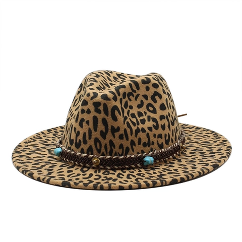 Leopard Print Fedora Hat Wide Brim Felt Cotton Polyester Jazz Cap With Turquoise Rivet Braided Band Western Style