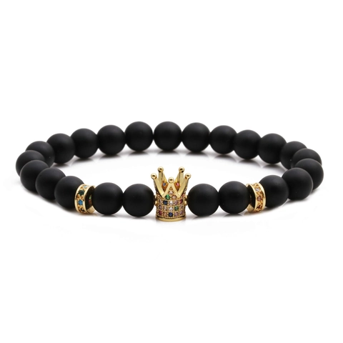 Bracciale Di Perline Corona Pietra Opaca Rame Ciondolo Con Zirconia Colorata Gioielli Elastici Per Uomini Donne