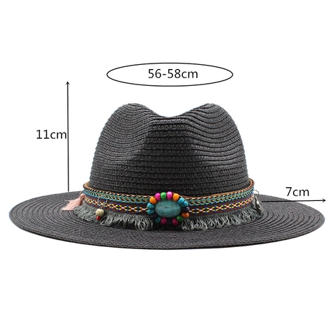 Cappello Fedora In Paglia Di Carta Etnico Bohémien Con Perline Turchesi Nappine Protezione Solare Spiaggia Aperto