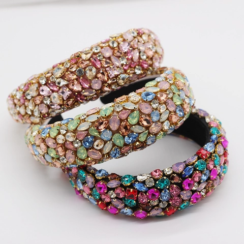 Baroque Wide Padded Headband Alloy Rhinestone Fabric Full Crystal Colorful Fashion Party Prom Hair Accessory For Women