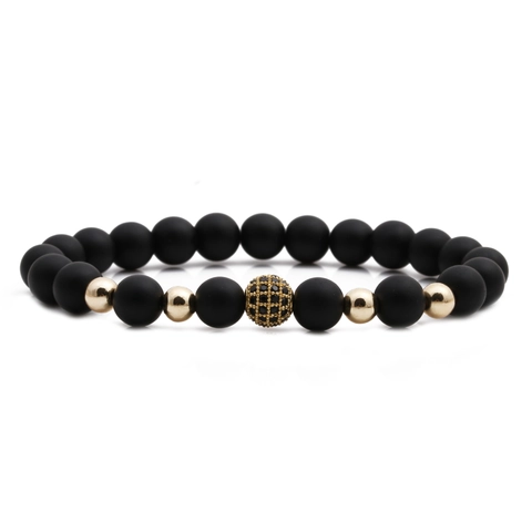 Matte Schwarze Naturstein Perlenarmband Mit Kupferkugel Und Zirkonia Eleganter Unisex Schmuck