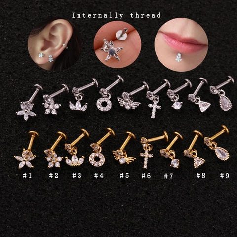 Internally Threaded Labret Stud Lip Ring Stainless Steel Cartilage Earring With Zirconia Pendant Flower Cross Heart Jewelry