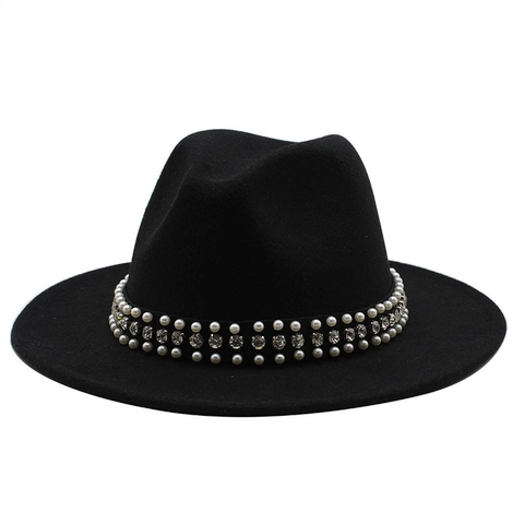 Fedora Hat For Women Wool Felt Wide Flat Brim Artificial Pearl Rhinestone Decoration Band Elegant Jazz Cap Vintage Party Accessory