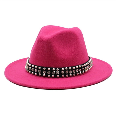 Fedora Hat For Women Wool Felt Wide Flat Brim Artificial Pearl Rhinestone Decoration Band Elegant Jazz Cap Vintage Party Accessory