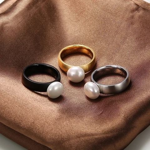 Anillo De Perlas Artificiales Minimalista Francés Banda Ancha Acero Inoxidable Que No Se Desvanece Joyería De Moda Elegante Vintage Mujer