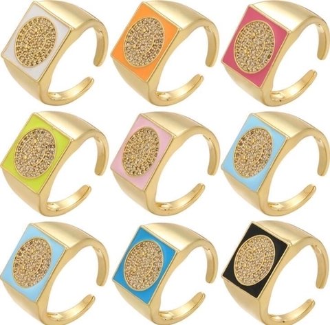 Smile Face Square Signet Ring For Women Copper With Colorful Enamel Pavé Zircon Adjustable Open Design Trendy Jewelry