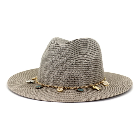 Sombrero Fedora de Paja de Papel de Ala Ancha Unisex Con Cadena de Metal de Concha y Estrella de Mar Sombrero de Sol Jazz de Protección Solar para Mujeres Hombres