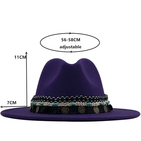 Cappello Fedora Bohémien Feltro Lana Tesa Larga Fascia Intrecciata Etnica Nappe Perline Monete Metallo Stile Jazz Donne Uomini
