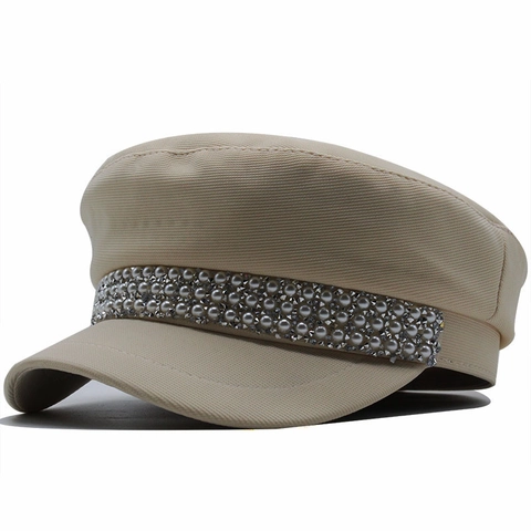 Women Vintage Newsboy Cap Cotton Sailor Hat Elegant Artificial Pearl Rhinestone Band Retro Adjustable Military Style Flat Top Cap
