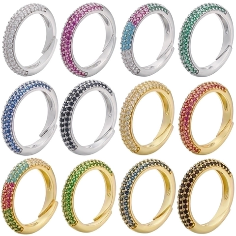 Anillo De Circonia De Moda Micro Pavé Cobre Ajustable Banda Abierta Joyería De Lujo Para Mujeres Multicolor Tres Filas