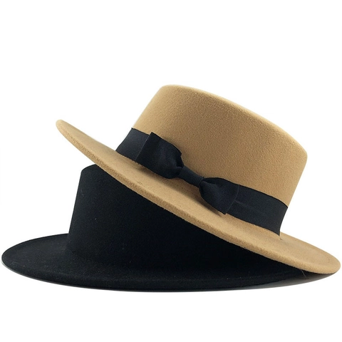 Cappello Boater In Feltro Di Lana Tesa Larga Con Fiocco In Nastro Stile Jazz Retrò Per Autunno Inverno