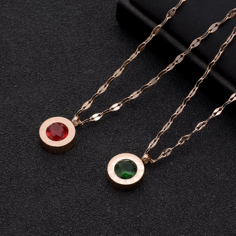 Collana Con Pendente Rotondo Numeri Romani Placcato Oro Rosa Acciaio Al Titanio Con Cristallo Verde Rosso Gioielli Per Donna