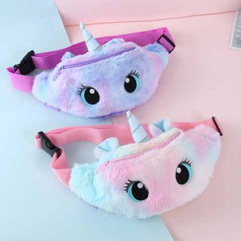 Unicorn Plush Waist Bag For Kids Cartoon Gradient Macaron Color Crossbody Chest Bag Soft Faux Fur Adjustable Strap For Girls