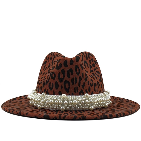 Cappello Fedora Con Stampa Leopardata E Fascia Di Künstliche Perle Sintetiche A Tesa Larga Cappello Di Lana Jazz Moda Elegante Accessori Donna