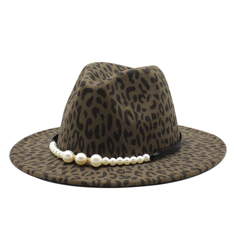 Leopard Print Fedora Hat With Artificial Pearl Band Decoration Cotton Polyester Felt Wide Flat Brim Vintage Elegant For Women