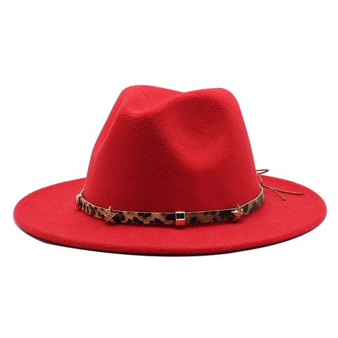 Fedora Hat Wide Brim Cotton Polyester Felt Leopard Print Band Golden Star Studs Jazz Western Style Accessory For Women