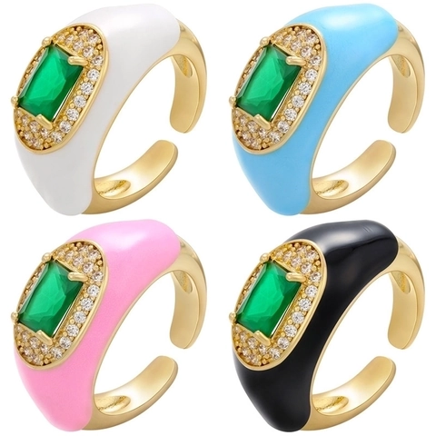 Vintage Gold Plated Copper Enamel Open Ring For Women Adjustable Green Square Stone Rhinestone Fashion Jewelry Gift