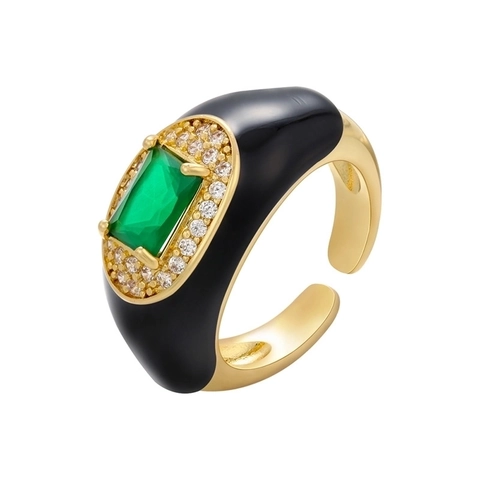 Vintage Gold Plated Copper Enamel Open Ring For Women Adjustable Green Square Stone Rhinestone Fashion Jewelry Gift