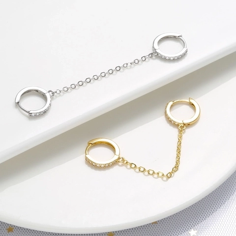 Orecchini A Doppio Cerchio In Rame Con Catena Micro Pavé Zirconia Gioielli Geometrici Street Style Per Donna