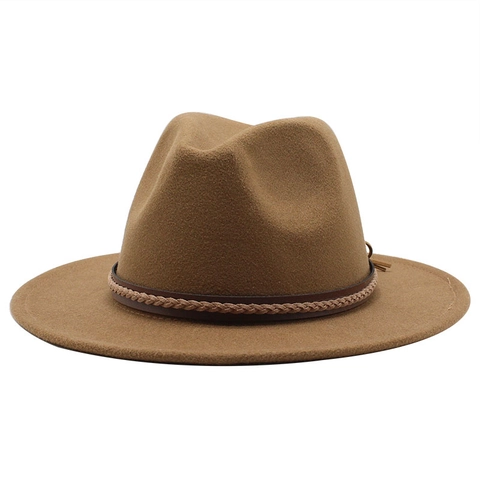 Fedora Hat For Men Women Classic Wool Felt Wide Flat Brim Jazz Cap With Braided Leather Belt Decor Vintage British Style