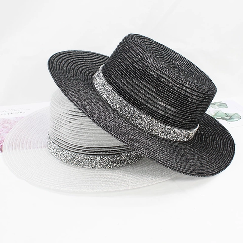 Women Boater Hat Flat Top Straw Sun Hat Rhinestone Band M Logo Wide Brim Summer Beach Elegant Breathable