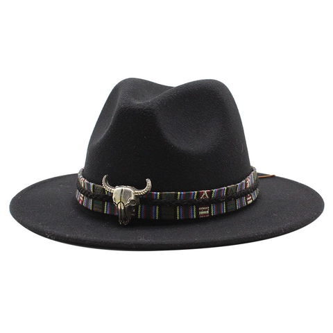 Wide Brim Fedora Hat Wool Felt With Ethnic Woven Band And Metal Bull Skull Western Cowboy Bohemian Style For Women Men