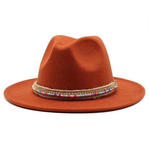 Wide Brim Fedora Hut Wollfilz Böhmisch Ethnisch Band Strass Perlen Flachrand Jazz Mütze Für Damen
