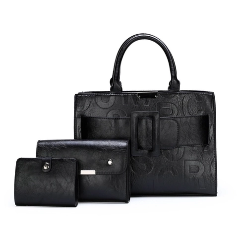 Women Handbag Pouch Wallet PU Leather Large Capacity Letter Print Retro Tote Crossbody Shoulder Bag Buckle Decor