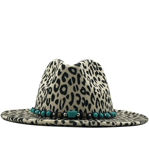 Cappello Fedora Con Stampa Leopardata A Tesa Larga In Feltro Di Lana Con Fascia Di Perline Turchesi Stile Western
