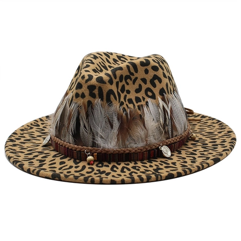 Leopard Print Wide Brim Fedora Hat With Feather Ethnic Woven Band Bohemian Style Wool Felt Jazz Hat Women