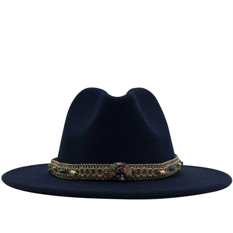 Cappello Fedora Unisex A Tesa Larga Feltro Di Lana Fascia Decorativa Etnica Pietre Colorate Catena Dorata Berretto Jazz Retrò