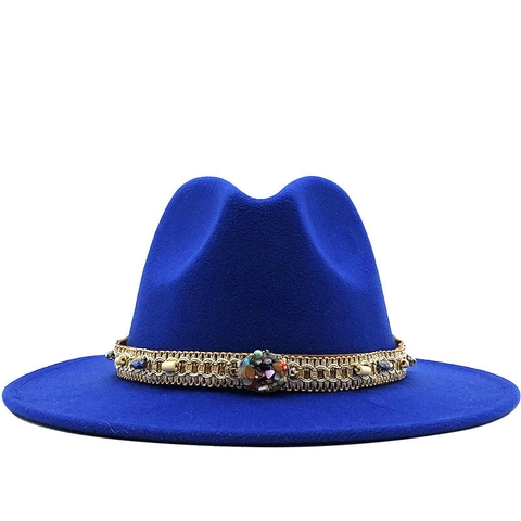 Cappello Fedora Unisex A Tesa Larga Feltro Di Lana Fascia Decorativa Etnica Pietre Colorate Catena Dorata Berretto Jazz Retrò
