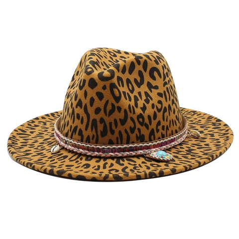 Leopard Print Woolen Felt Fedora Hat With Turquoise Shell Tassel Bohemian Ethnic Wide Brim Jazz Cap For Women