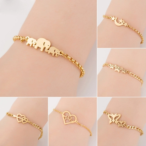 Bracciale In Acciaio Inossidabile Da Donna Placcato Oro 18K Elefante Cuore Luna Farfalla Stella Gioielli Minimalisti