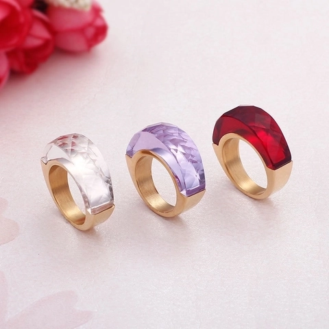 Wide Band Geometric Stainless Steel Ring Large Multifaceted Crystal Stone Gold Plated Fashion Jewelry For Women