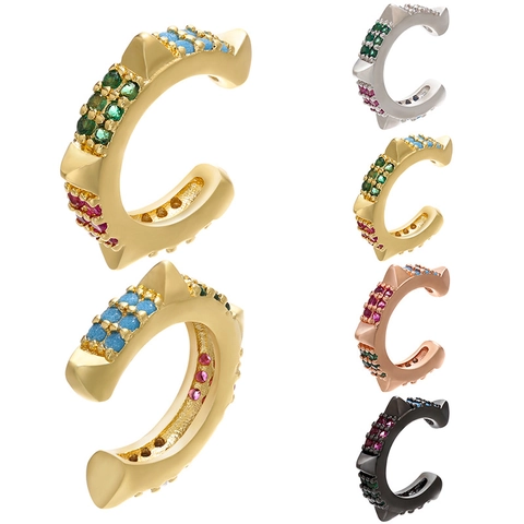 Punk Brass C-Shaped Ear Cuff With Colorful Rhinestone Inlay Spiky Rivet Non-Pierced Clip Earrings For Women Fashion Jewelry